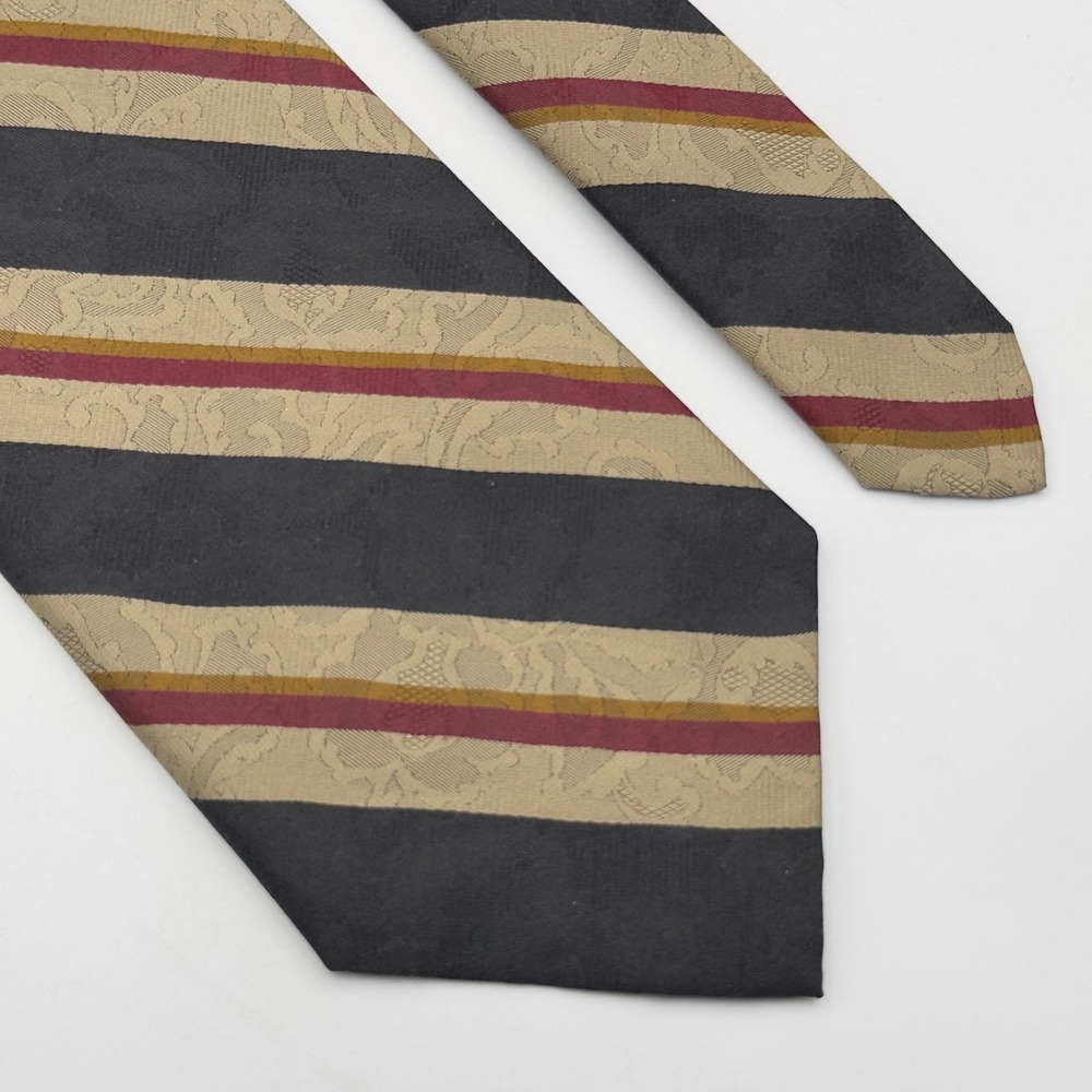 Ferrell Reed Mens Silk Tie Navy Blue‎ Tan Burgundy Striped Jacquard Made in USA